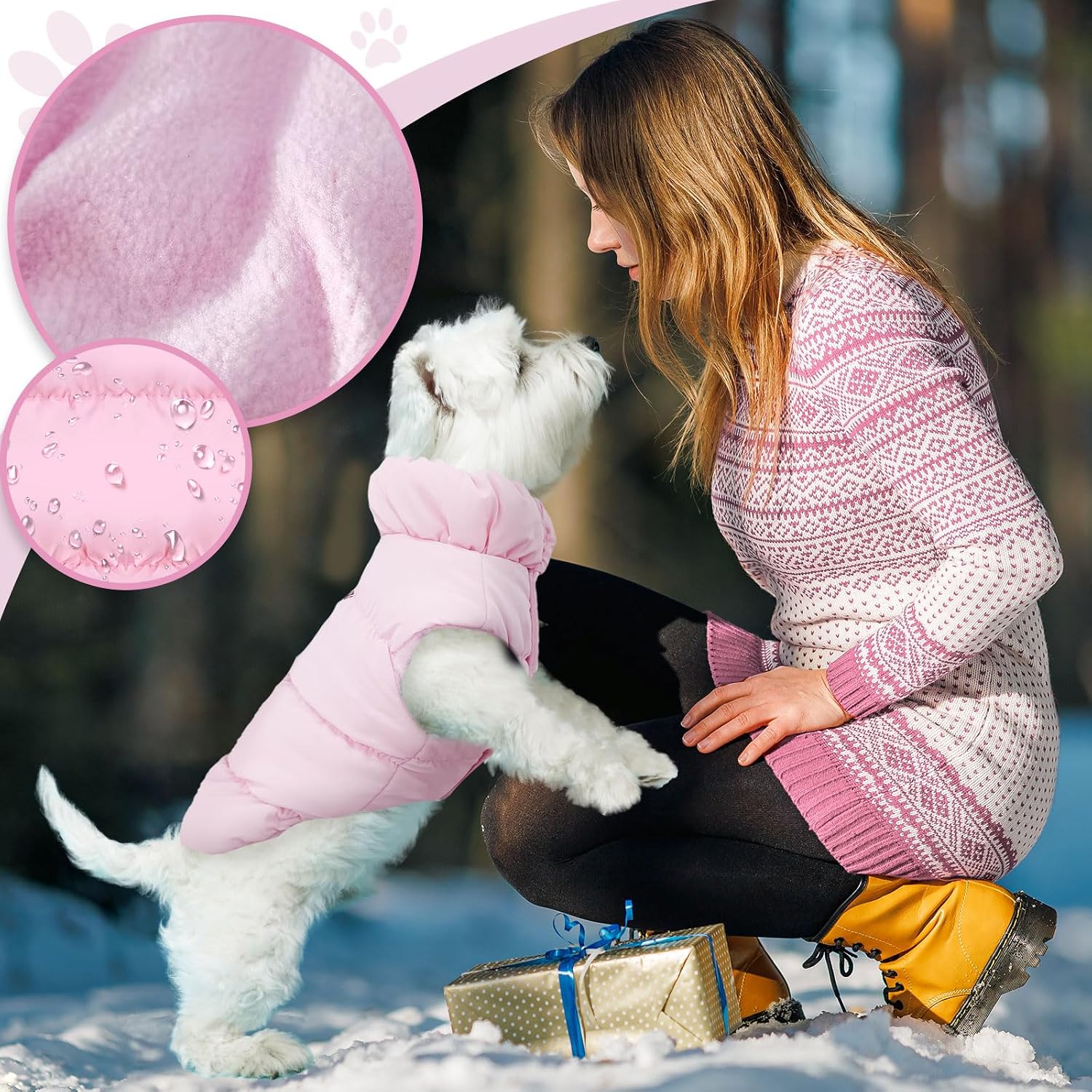 ABRRLO Winter Warm Dog Jacket for Small Medium Dogs Cat Cold Weather Coats with Harness Paded Dogs Fleece Vest Waterproof Windproof Dog Snow Jacket Pet Puppy Clothes (Pink,L)