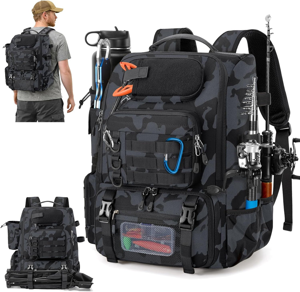 RAINSMORE Fishing Backpack 40L Tackle Backpack with Rod Holders & Cooler