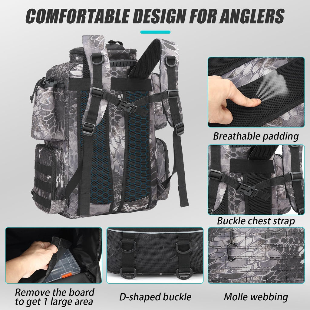 Tactical Fishing Backpack with 4 Tackle Boxes, Rod Holders & Bottle Holder