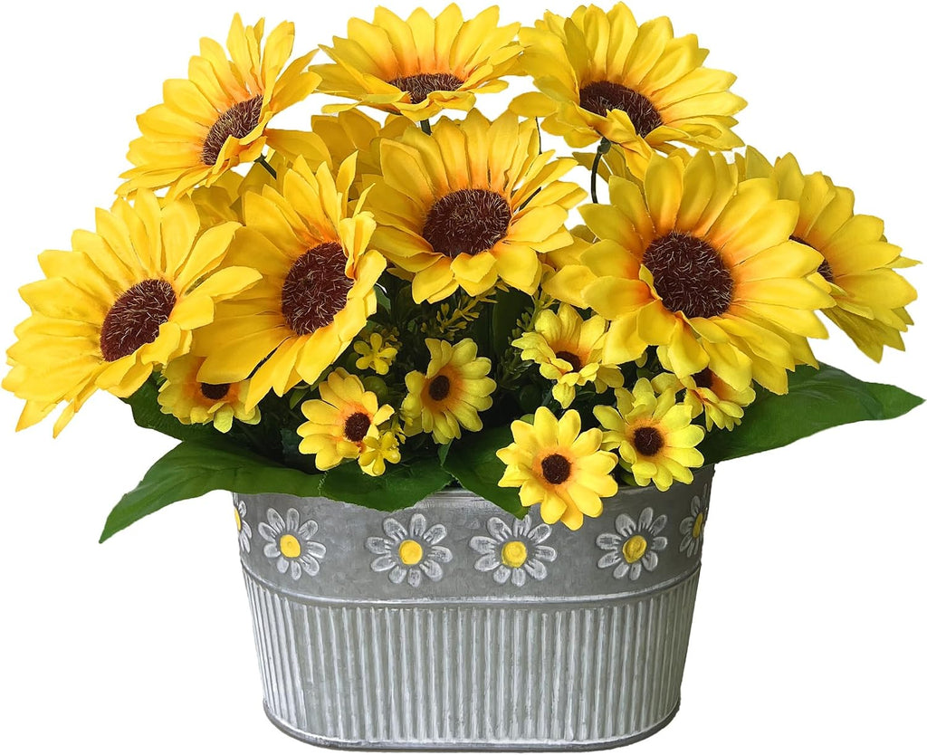 Artificial Flowers Fake Sunflowers in Pot, Faux Silk Flowers Floral Table Centerpiece Decoration, Rustic Potted Greenery for Farmhouse Home Décor