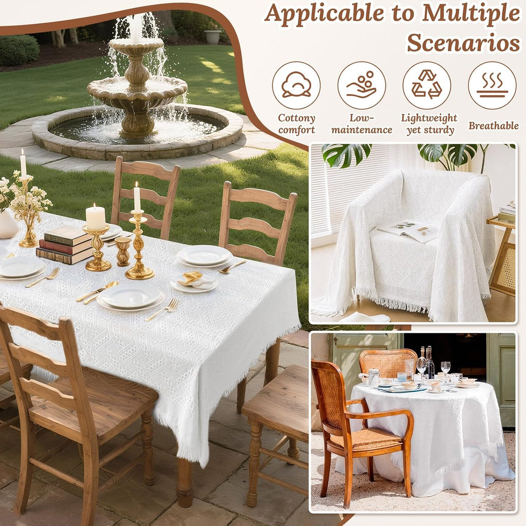 91 x 71 Extra Large White Outdoor Picnic Blanket, Woven Cotton Yarn Oversize Portable Blanket with Fringe for Camping, Lawn or Wedding Photoshoot. Indoor Bohemia Decorations, Machine Washable