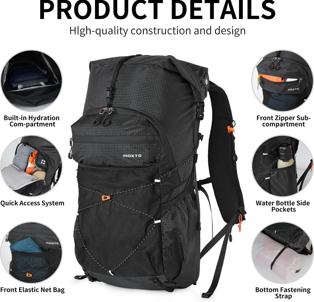 IX INOXTO Hiking Backpack for Men and Women, 30L Waterproof Camping Backpack with 3L Water Bladder and Rain Cover, Lightweight Outdoor Sport Travel Daypack Rucksack for Climbing Cycling (Black)