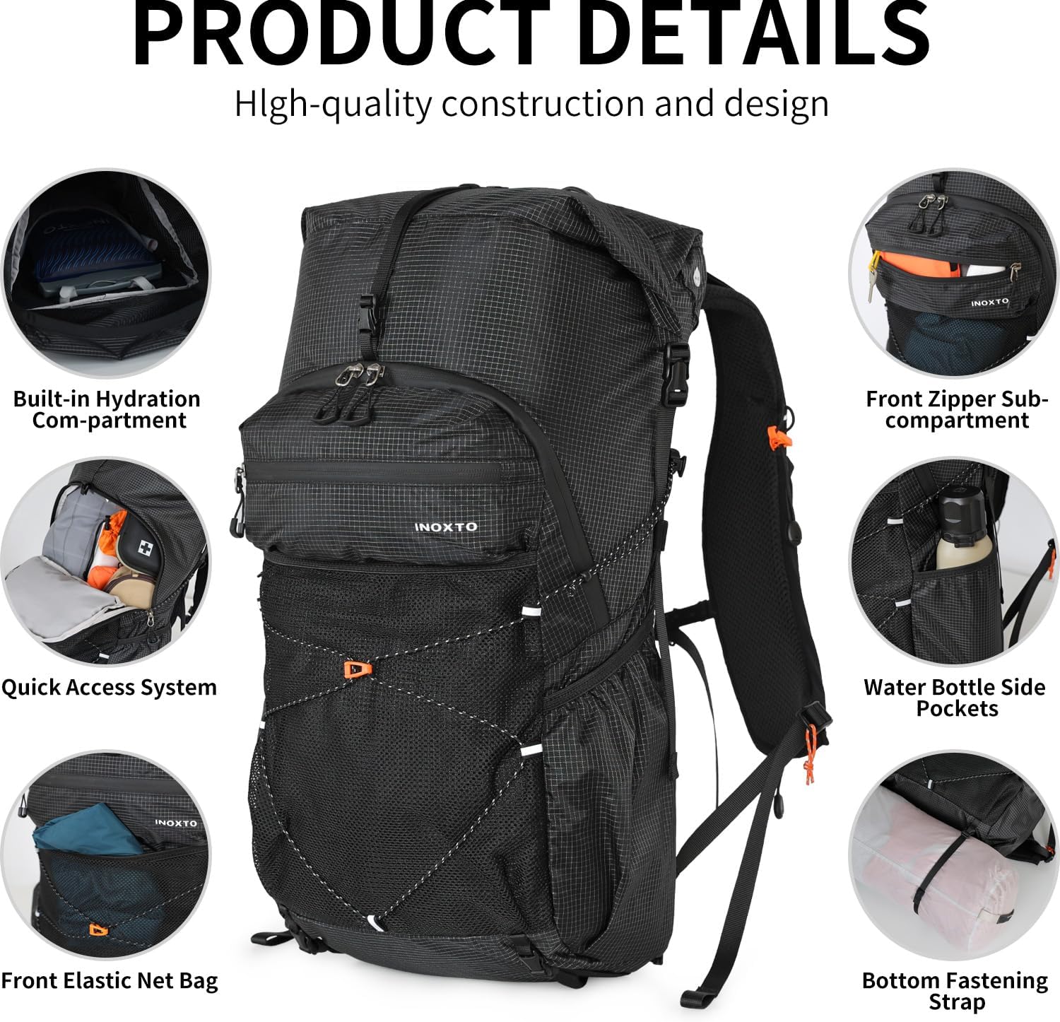 IX INOXTO Hiking Backpack for Men and Women, 30L Waterproof Camping Backpack with 3L Water Bladder and Rain Cover, Lightweight Outdoor Sport Travel Daypack Rucksack for Climbing Cycling (Black)