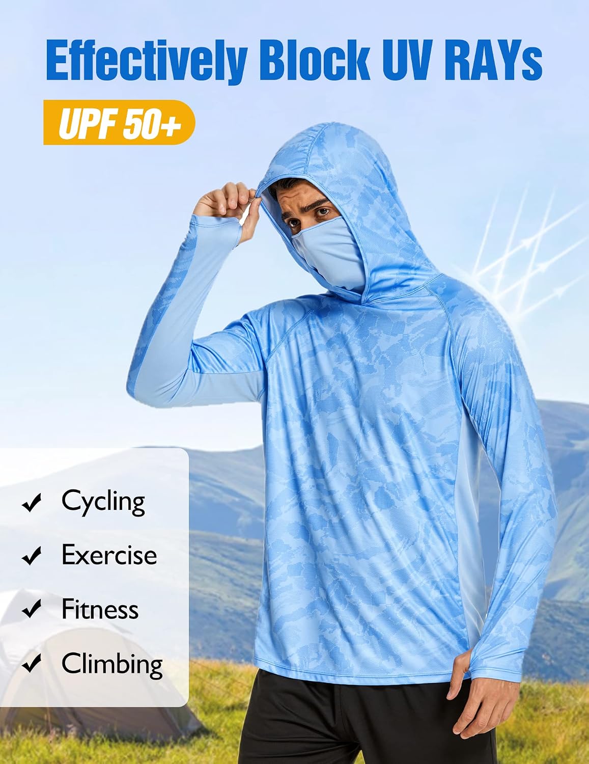 COOrun Men's Hooded Sun Shirts with Mask Fishing Shirts for Men Long Sleeve UPF 50 Rash Guards Cooling Hoodies Hiking Shirts