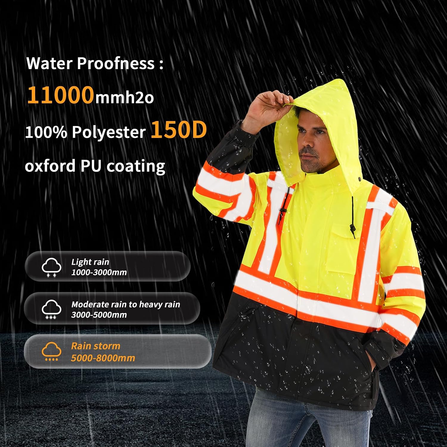 Reflective Rain jackets for men waterproof,Hi Vis Safety Coat With Reflective Strips，High Visibility Class 3 Rain jackets With 2 large pockets,Zipper,Lime,LG/XL