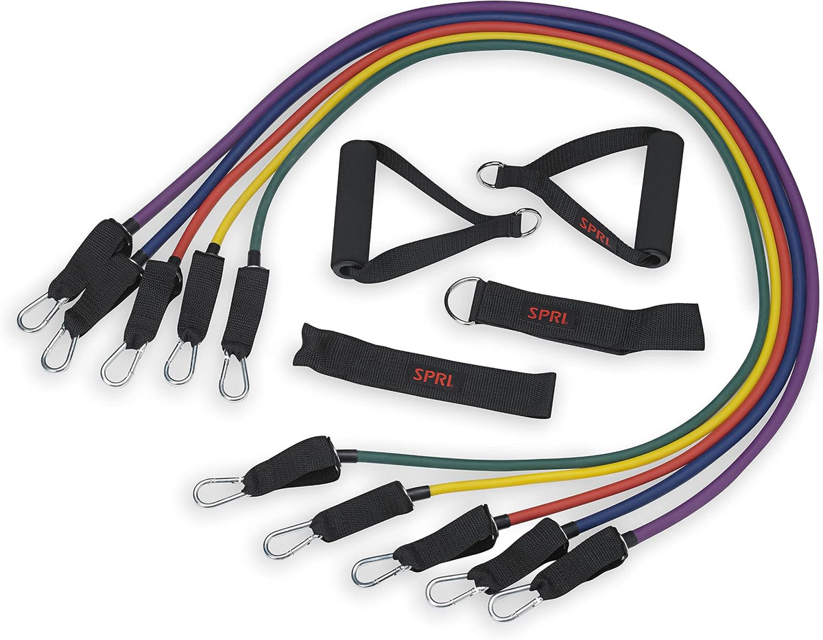 SPRI Resistance Band Kit - Resistance Training Interchangeable Tubes for Full Body Toning - Includes 5 Exercise Bands, Ankle/Wrist Strap with Padded Handles, Door Anchor, Exercise Guide, Carry Bag