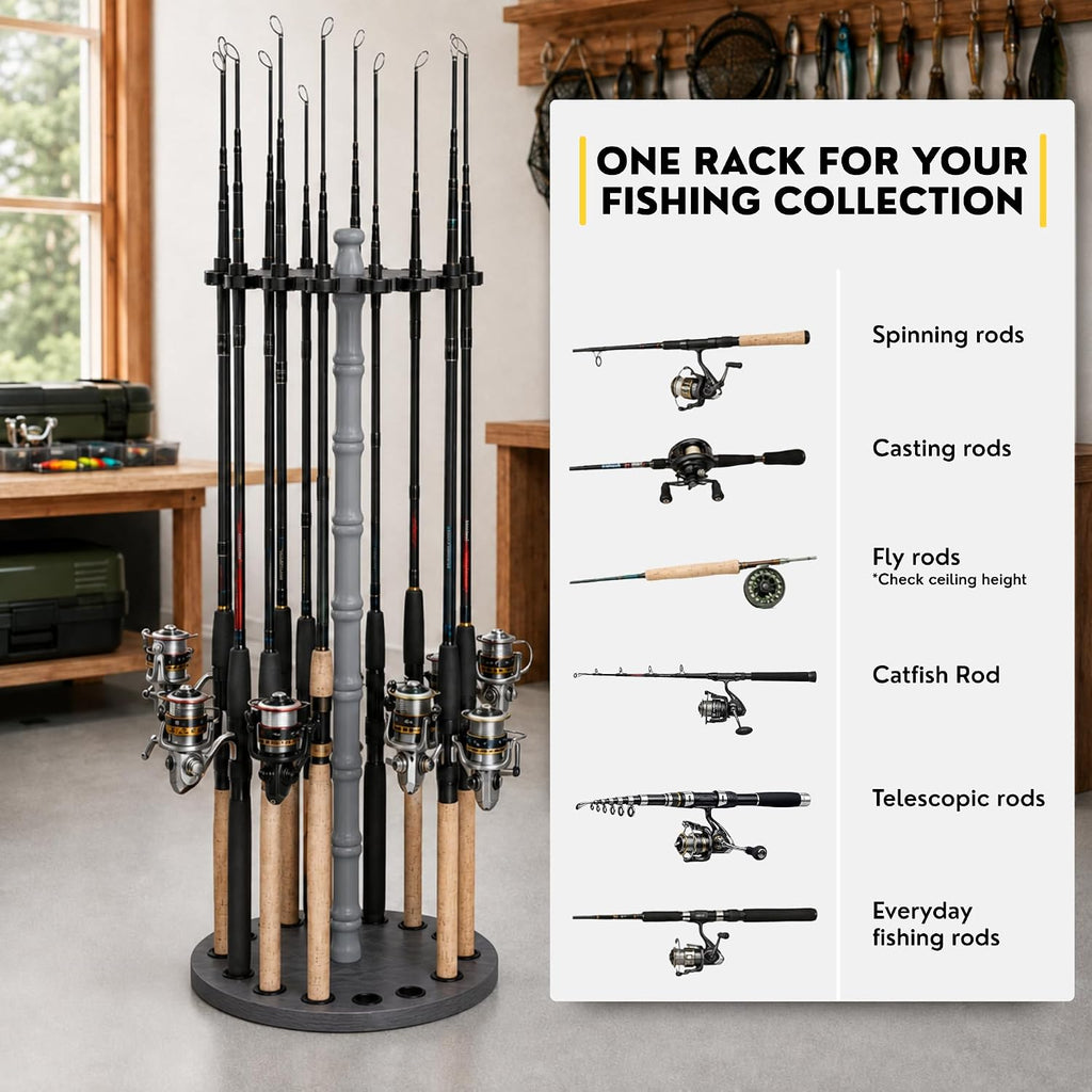 Rush Creek Creations 16-Rod Round Fishing Rod Holder for Garage, 360° Access Fishing Pole Holder for Fishing Rods, Reels, and Gear, Securely Holds 16 Rods, Barnwood