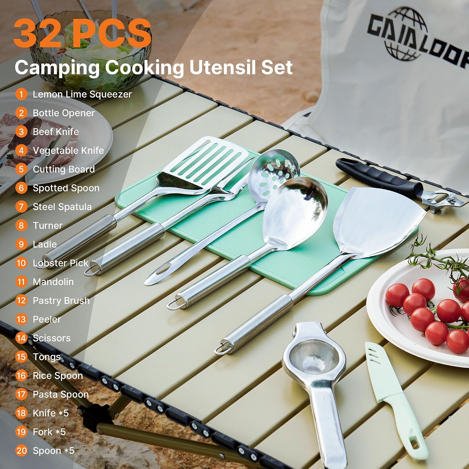 Gaialoop Portable Camping Cooking Utensils Set, Camp Kitchen Set with Organizer Bag, RV Essentials Outdoor Cooking Utensil Kit for Travel, Picnics, Camping, BBQs, Parties