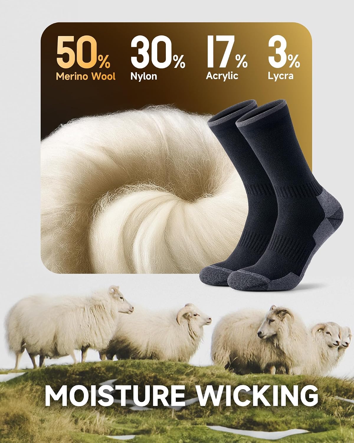 RUIXUE Merino Wool Hiking Socks for Men Women, OEKO-TEX & GRS Certified, Seamless Toe, Terry Cushioned -3 Pairs