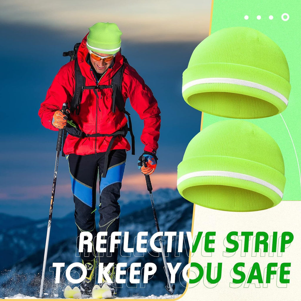 Reflective Knit Hat Safety Beanies Adult High Visibility Beanie Neon Winter Knit Caps with Reflective Stripe