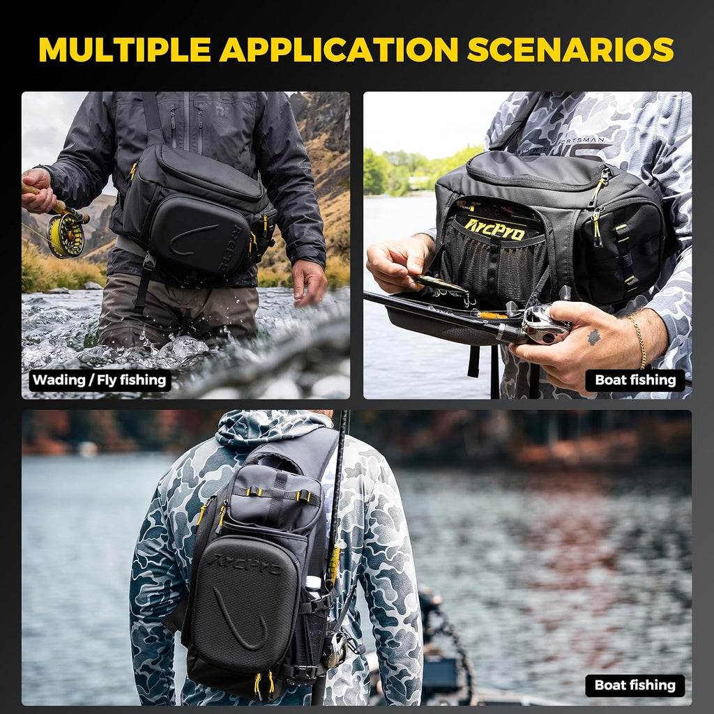 Fishing Sling Pack, EVA Hardshell with Foldable Workstation, Water-Resistant Convertible Front/Back Tackle Bag for 2×3600 Trays, Saltwater Freshwater Crossbody