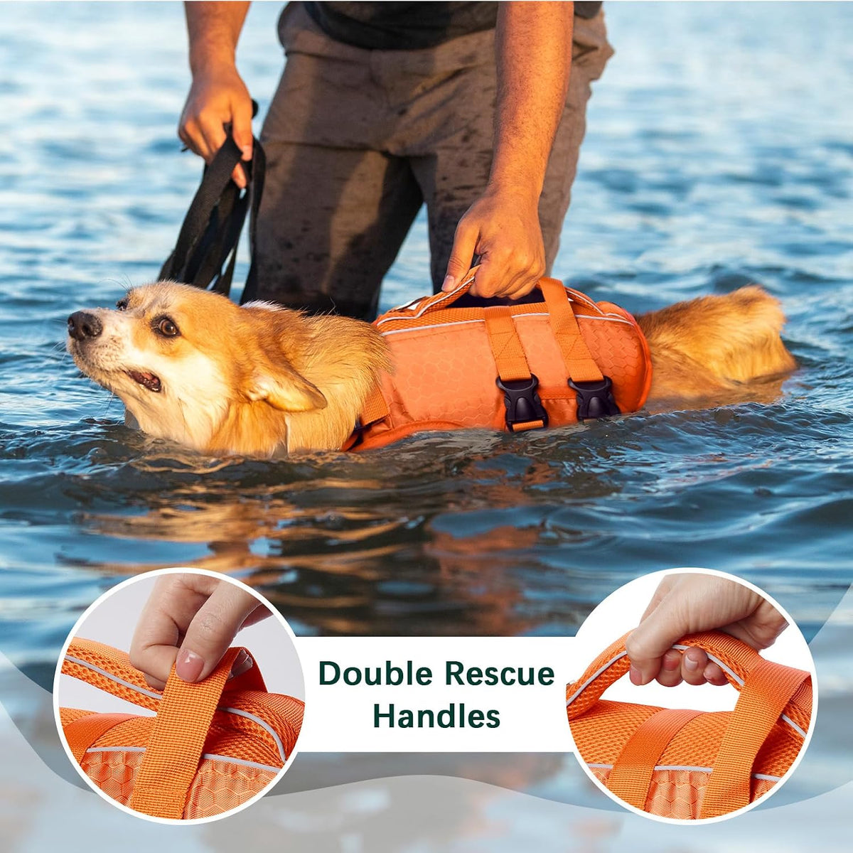 Kuoser Dog Life Jacket, High Flotation Reflective Dog Life Vest, Orange, XL