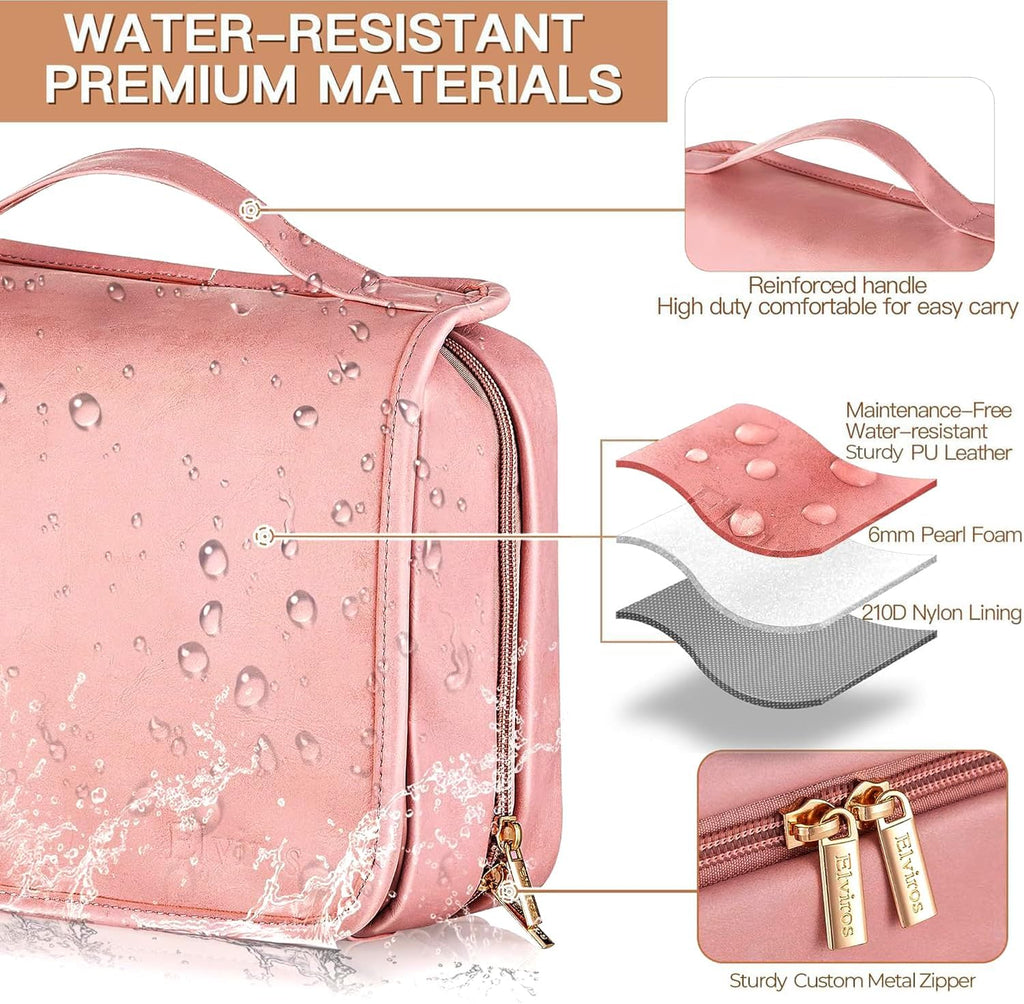 Elviros Hanging Travel Toiletry Bag for Women, 3-in-1 Large Makeup Bag and Cosmetic Organizer, Vegan Leather Waterproof Skincare Case for Travel Size Toiletries and Accessories, Gift for Women
