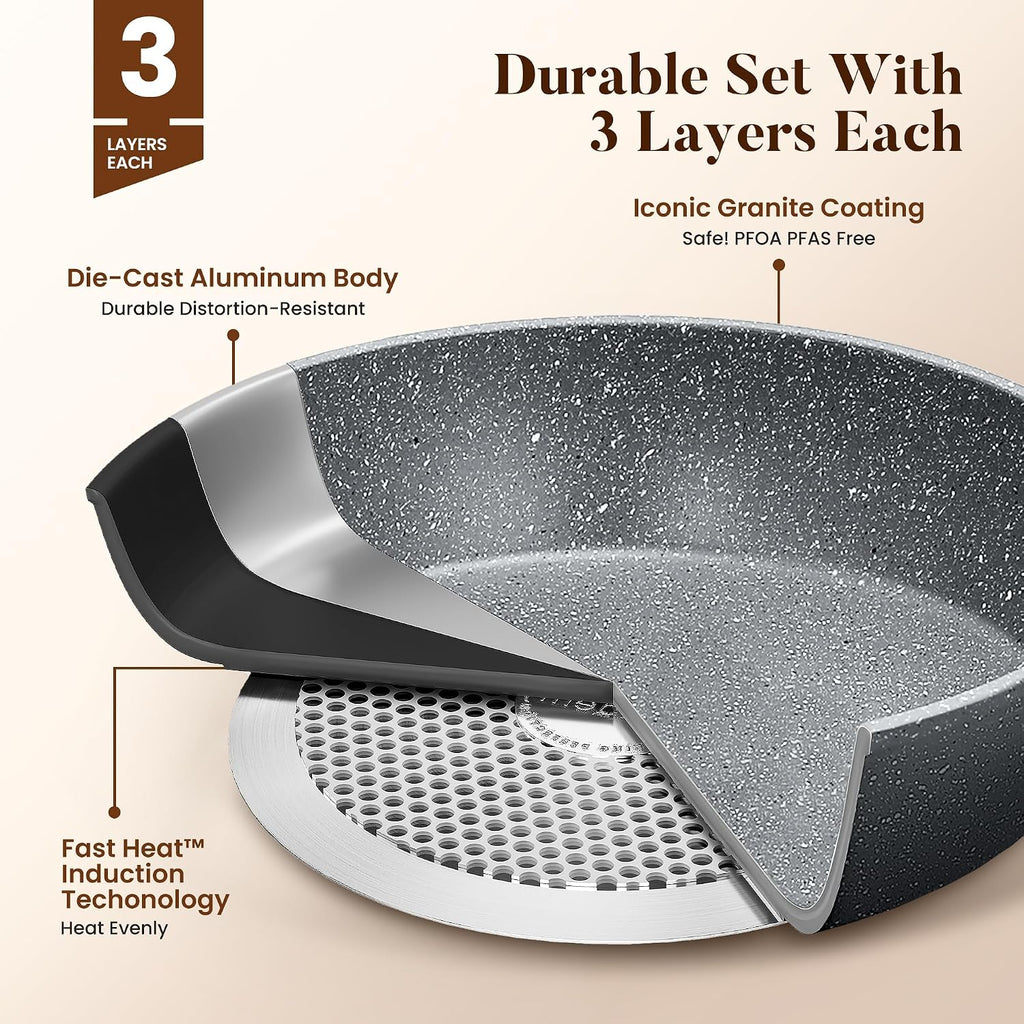 Kitchen Academy Granite Pots and Pans Set Non Stick, Induction Cookware