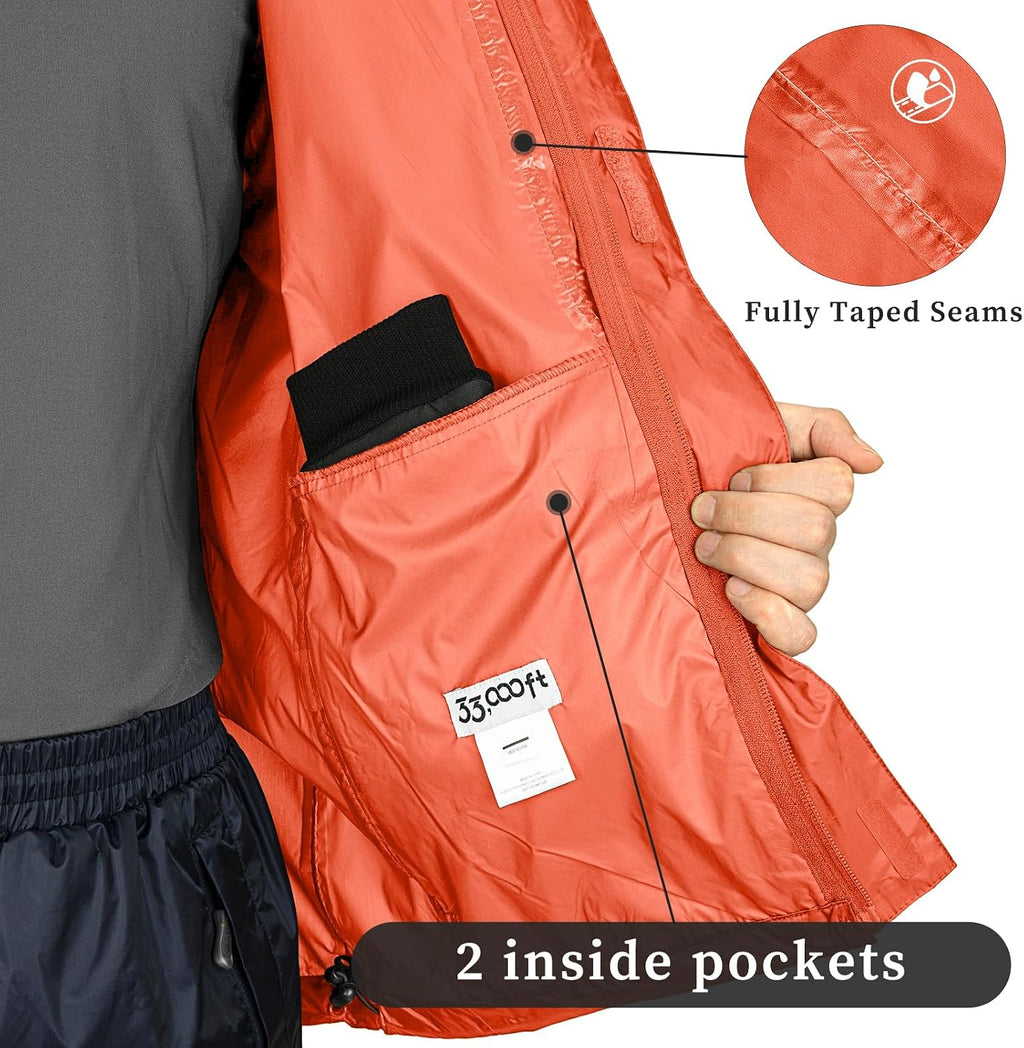 33,000ft Men's Packable Rain Jacket Lightweight Waterproof Golf Raincoat