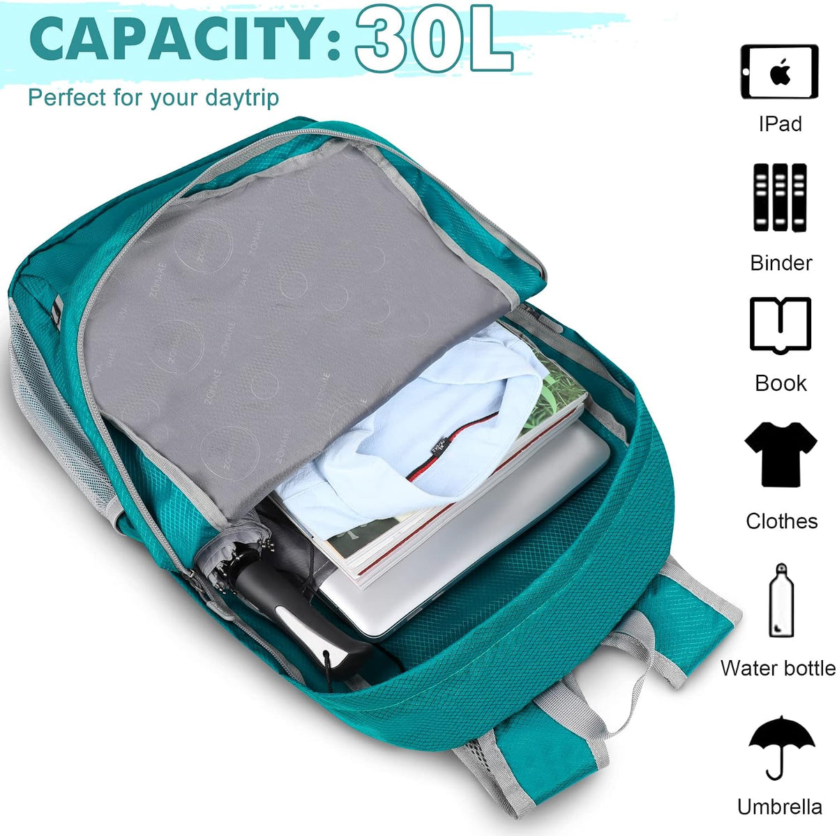 ZOMAKE Lightweight Packable Backpack 30L, Foldable Travel Hiking Daypack