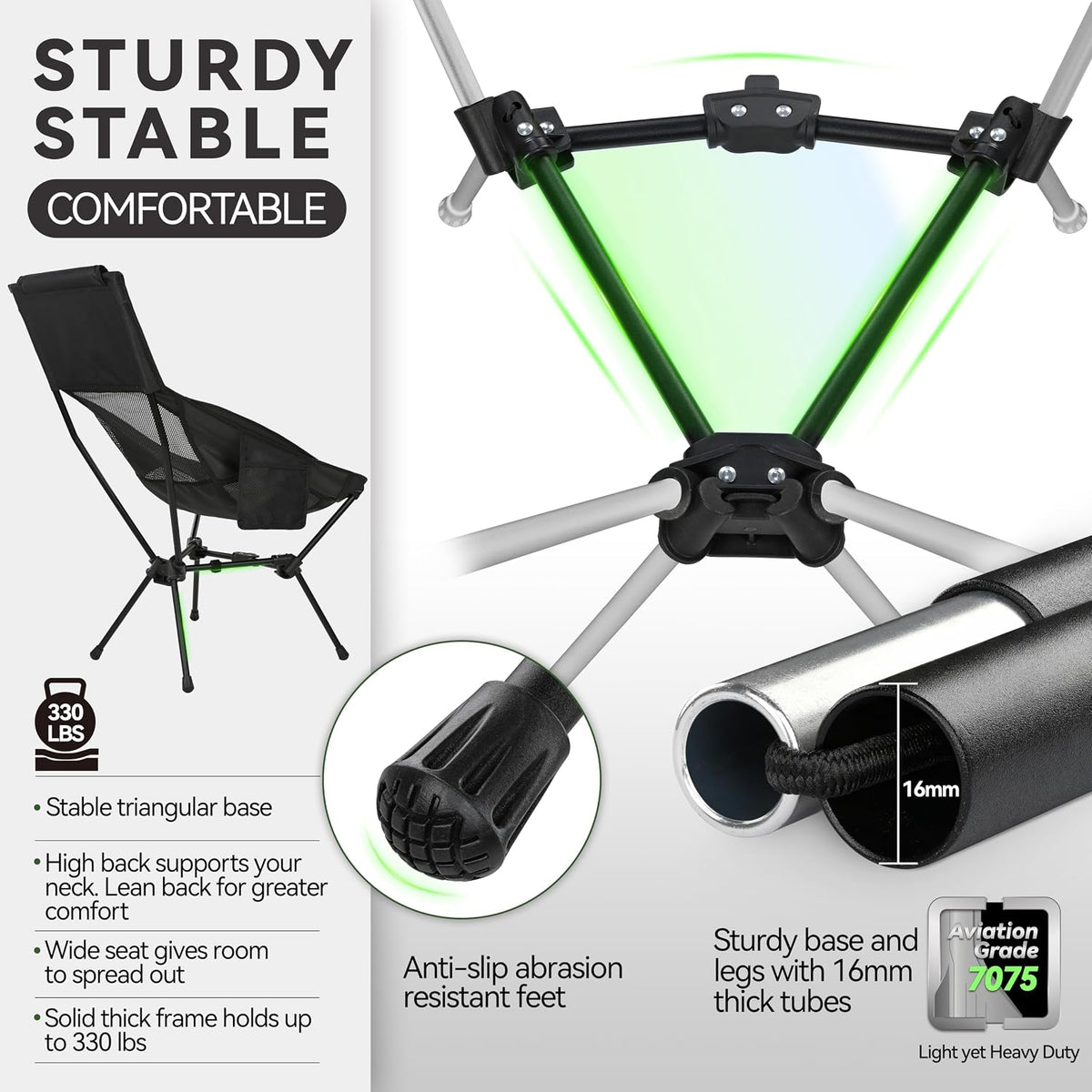 MARCHWAY Lightweight Folding High Back Camping Chair with Head Support, Stable Portable Compact for Outdoor Camp, Travel, Beach, Picnic, Festival, Hiking, Backpacking (Highback Black)