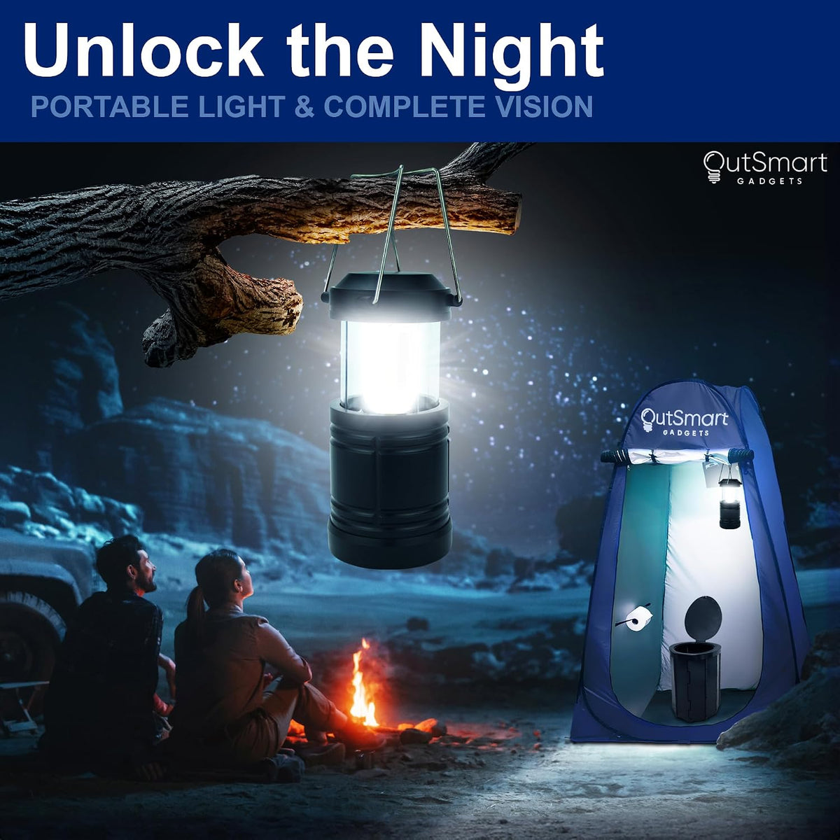 Outsmart Gadgets Outdoor Portable Toilet Set for Adults with Camping Night Lantern, Folding XL Toilet, Pop Up Privacy Tent and Carry Bags, Multipurpose Potty, Washable and Foldable for RV Travel