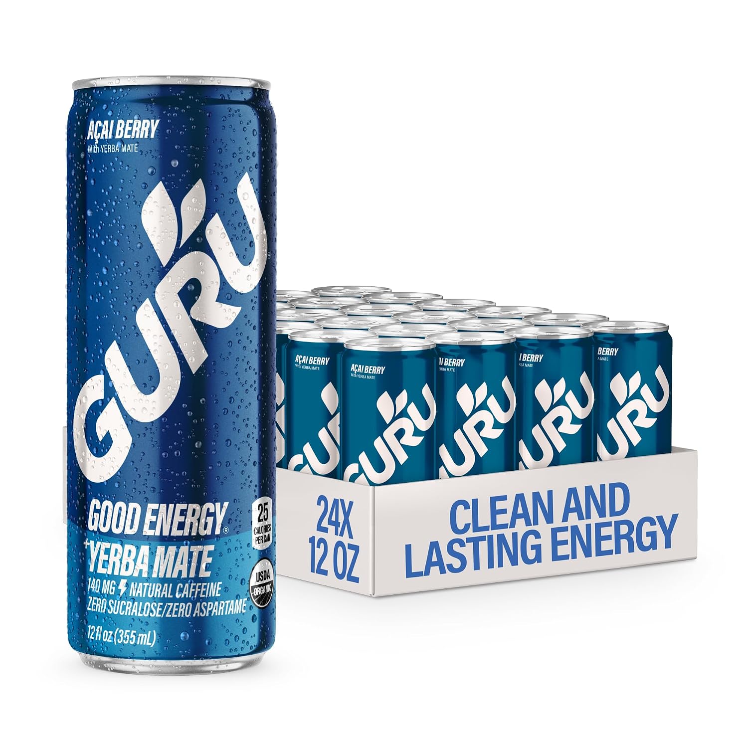 GURU Organic Energy Drink, Fruit Punch, Natural Caffeine, 12 Fl Oz, 24 Pack