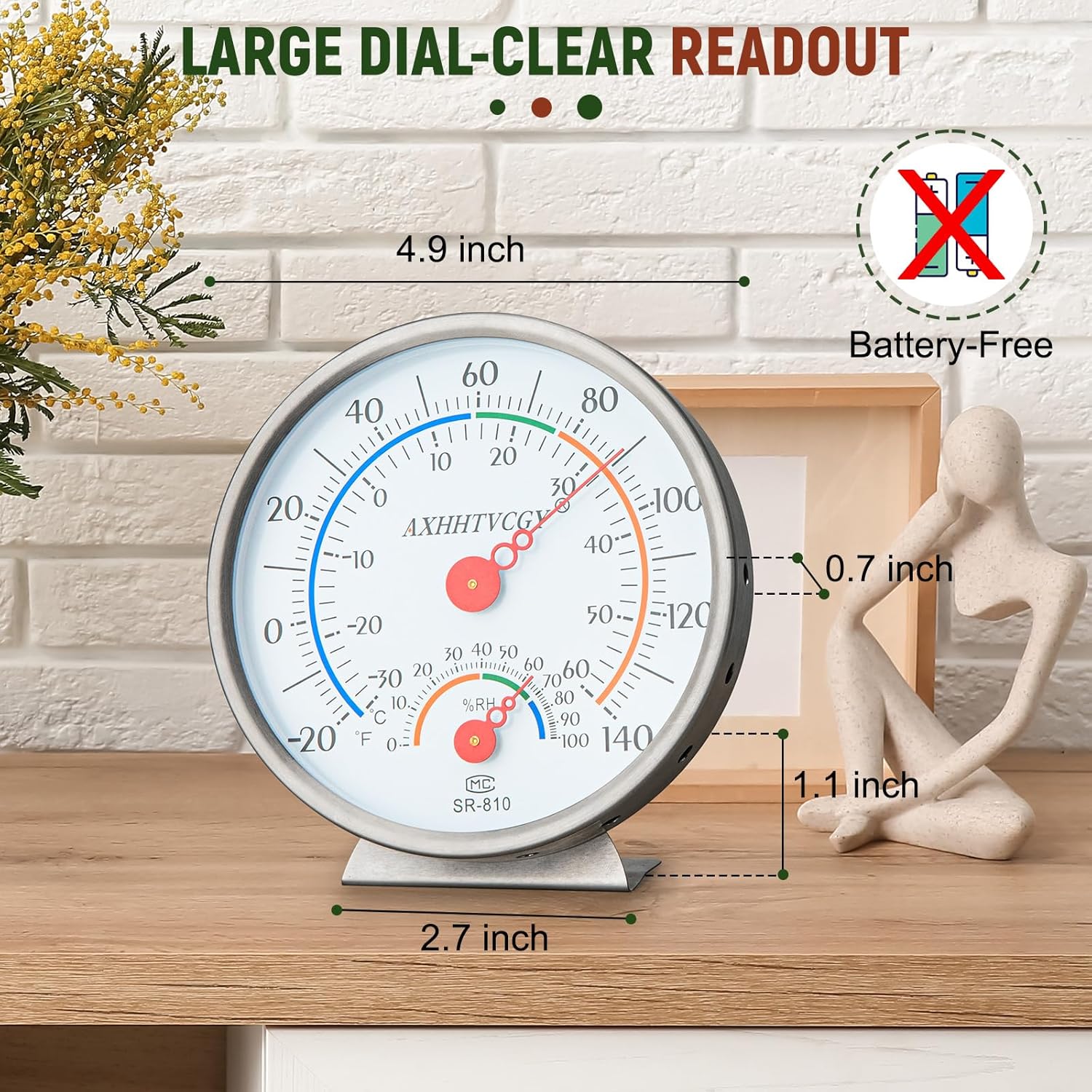 Indoor Outdoor Thermometer Hygrometer, Large Dial