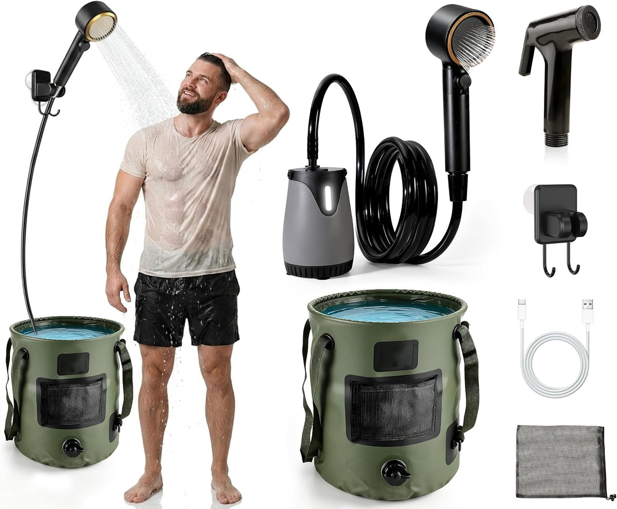 Portable Shower for Camping, 8000mAh Rechargeable Pump with LED Temperature & Battery Display, 25L Collapsible Bucket, 5 Levels Spray, IPX8 Waterproof, USB-C Charging, Camp Shower for Indoor Outdoor