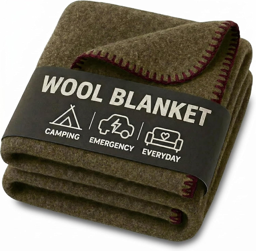 JMR Wool Camping Blanket, Fire Retardant Military Throw, Olive (62x84)