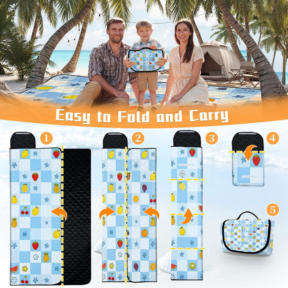 Picnic Blankets Outdoor Blanket,80"x 80" Extra Large Waterproof Sandproof Foldable Beach Blanket Grid Picnic Mat for Camping,Lawn,Park(Light Blue)