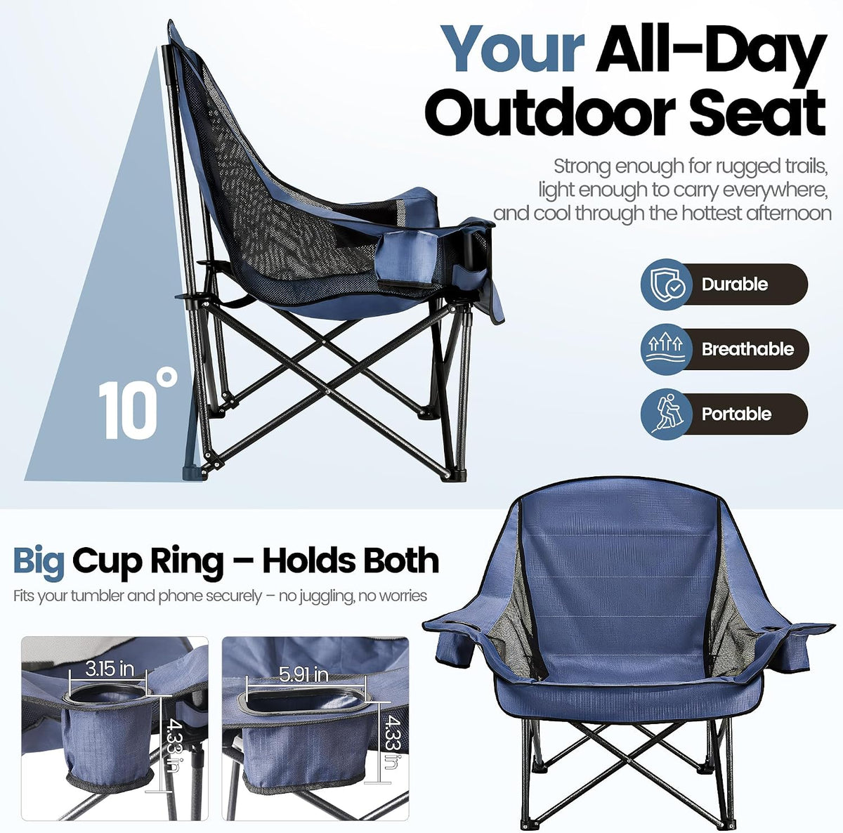 2 Pack Oversized Camping Chairs for Adults & Teens, Heavy Duty 400 LBS Capacity Portable Folding Mesh Lawn Chairs for Camping, Beach, Picnic, Patio, Fishing, RV (Navy Blue, Mesh)