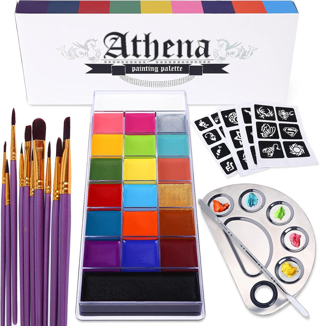 UCANBE Athena Face Body Paint Oil Makeup Set, 20 Colors FX Halloween Party Painting with Stainless Steel Mixing Palette and Spatula Tool,10 pcs Artist Paintbrushes,Tattoo Stencil Arts Crafts kit
