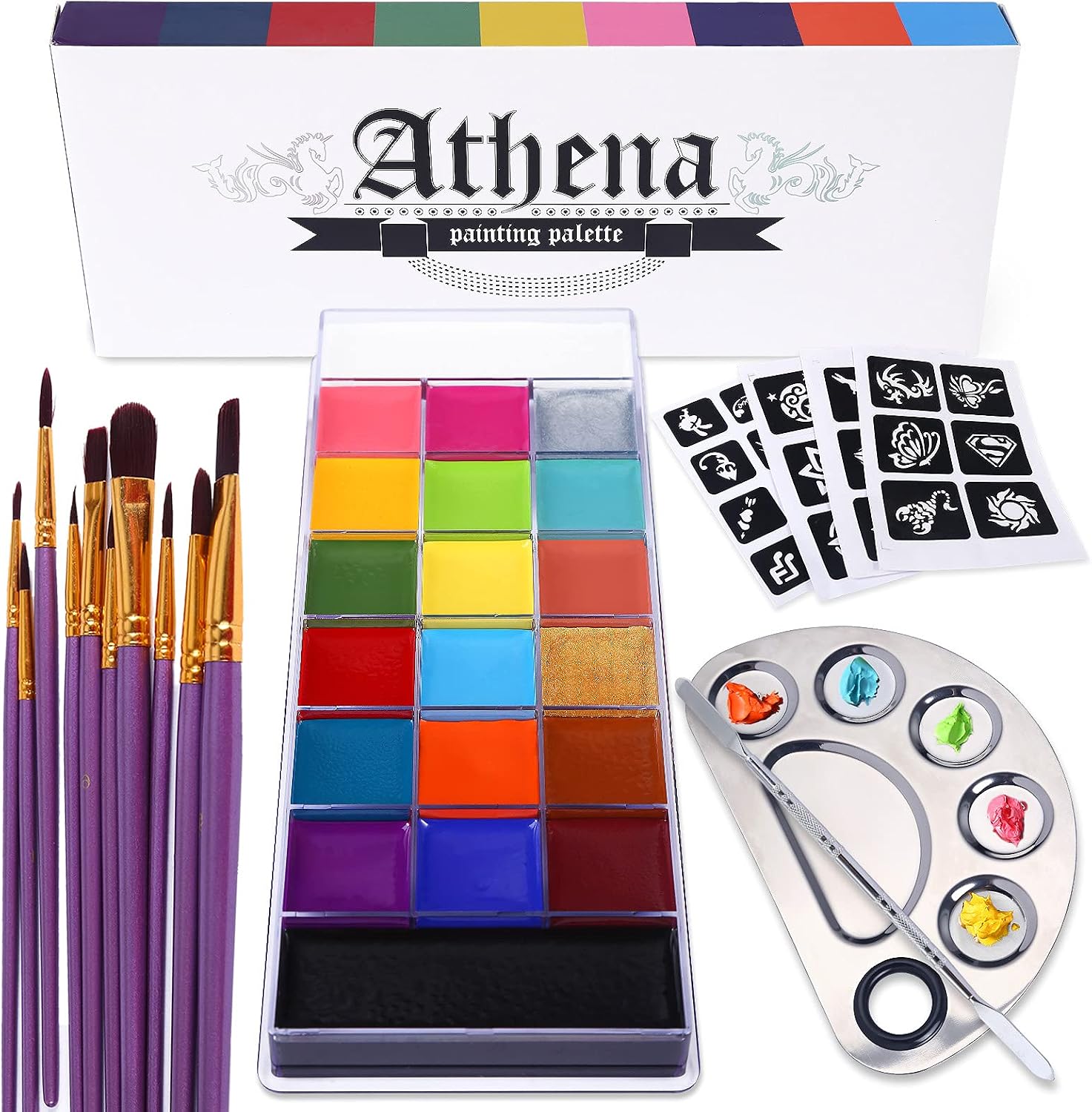 UCANBE Athena Face Body Paint Oil Makeup Set, 20 Colors FX Halloween Party Painting with Stainless Steel Mixing Palette and Spatula Tool,10 pcs Artist Paintbrushes,Tattoo Stencil Arts Crafts kit