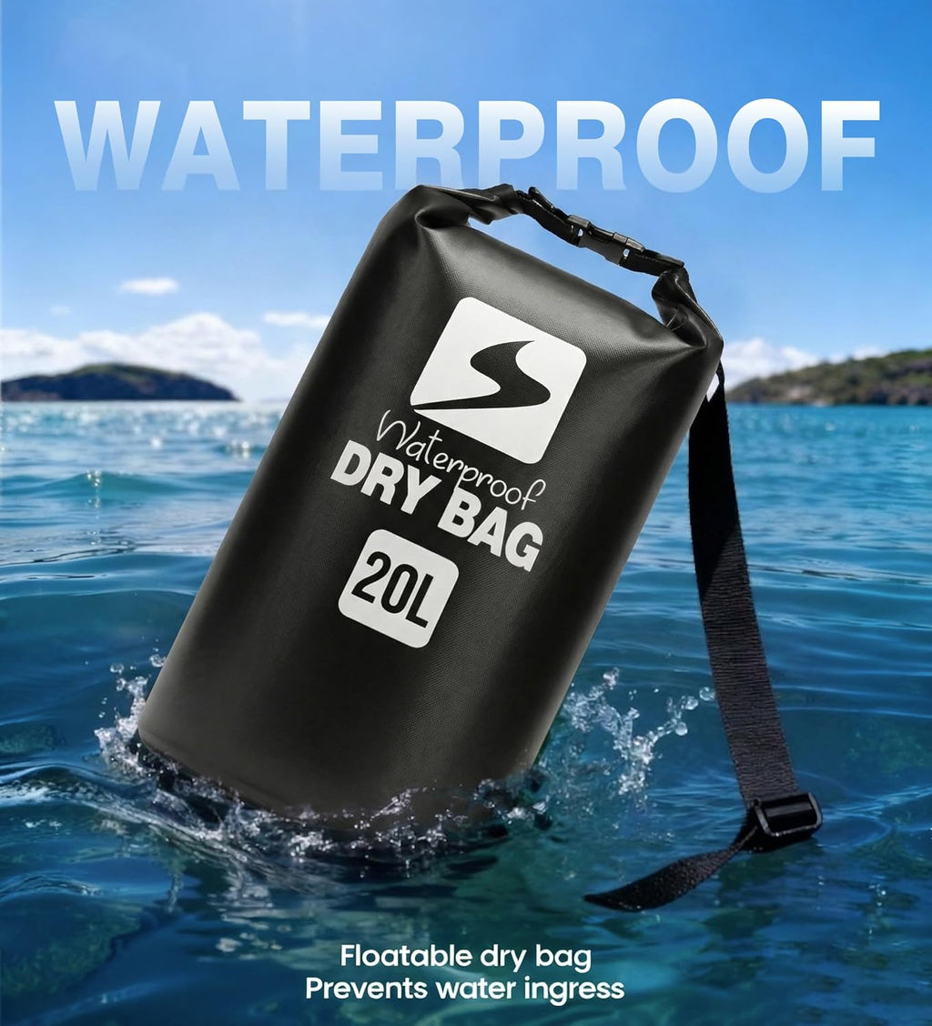 Soulsfeng Waterproof Dry Bag Backpack, Roll Top Floating Dry Storage Bag with Phone Case, Lightweight Dry Sack for Kayaking, Boating, Beach, Travel, Camping 20L, Black