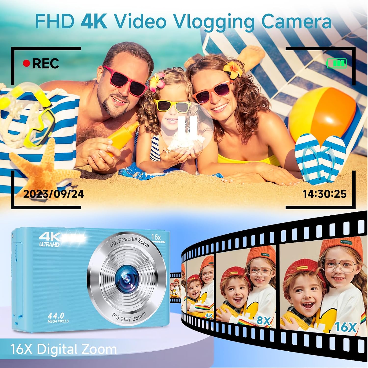 SMARTKLIK Digital Camera for Teens, FHD 4K 44MP with 64GB SD Card, 16X Digital Zoom, Compact Point Shoot Camera Blue