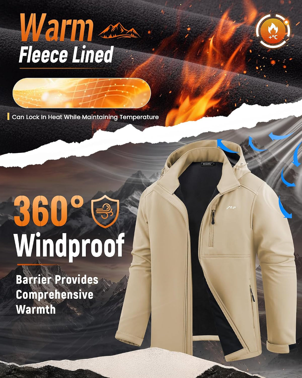 WULFUL Men's Softshell Jacket Waterproof Lightweight Insulated Windbreaker Fleece Lined Rain Shell Jacket for Hiking Travel