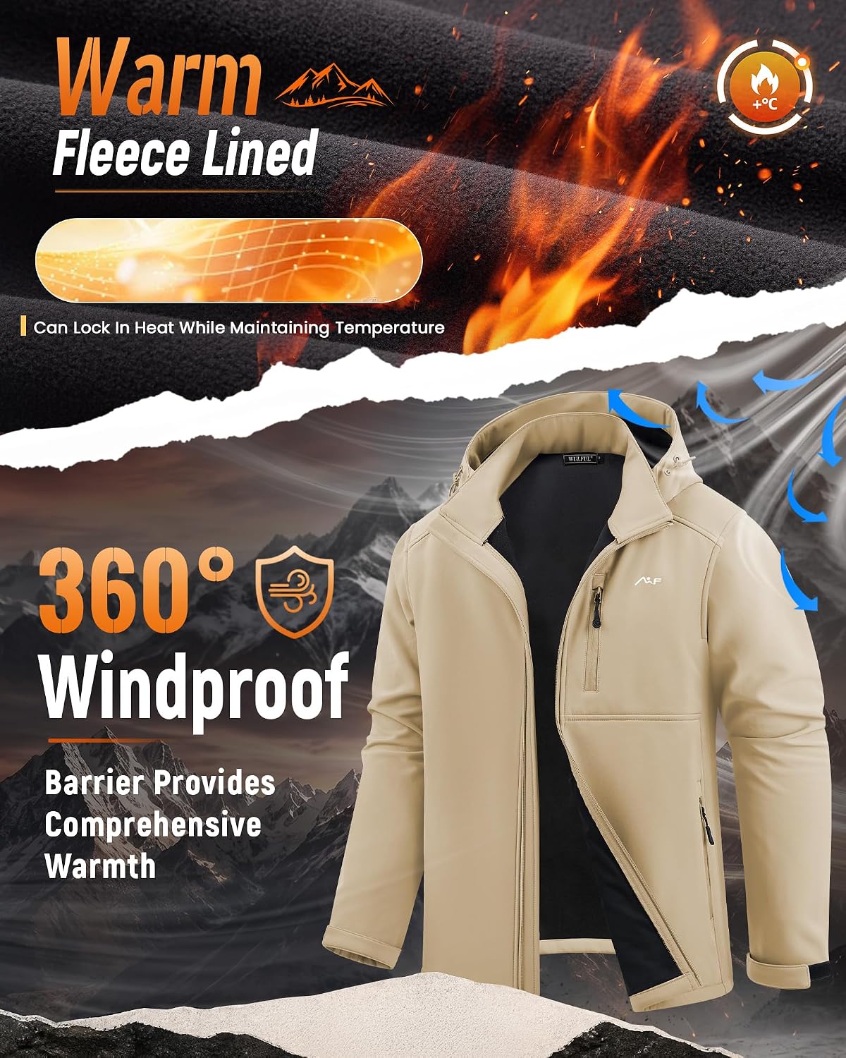 WULFUL Men's Softshell Jacket Waterproof Lightweight Insulated Windbreaker Fleece Lined Rain Shell Jacket for Hiking Travel
