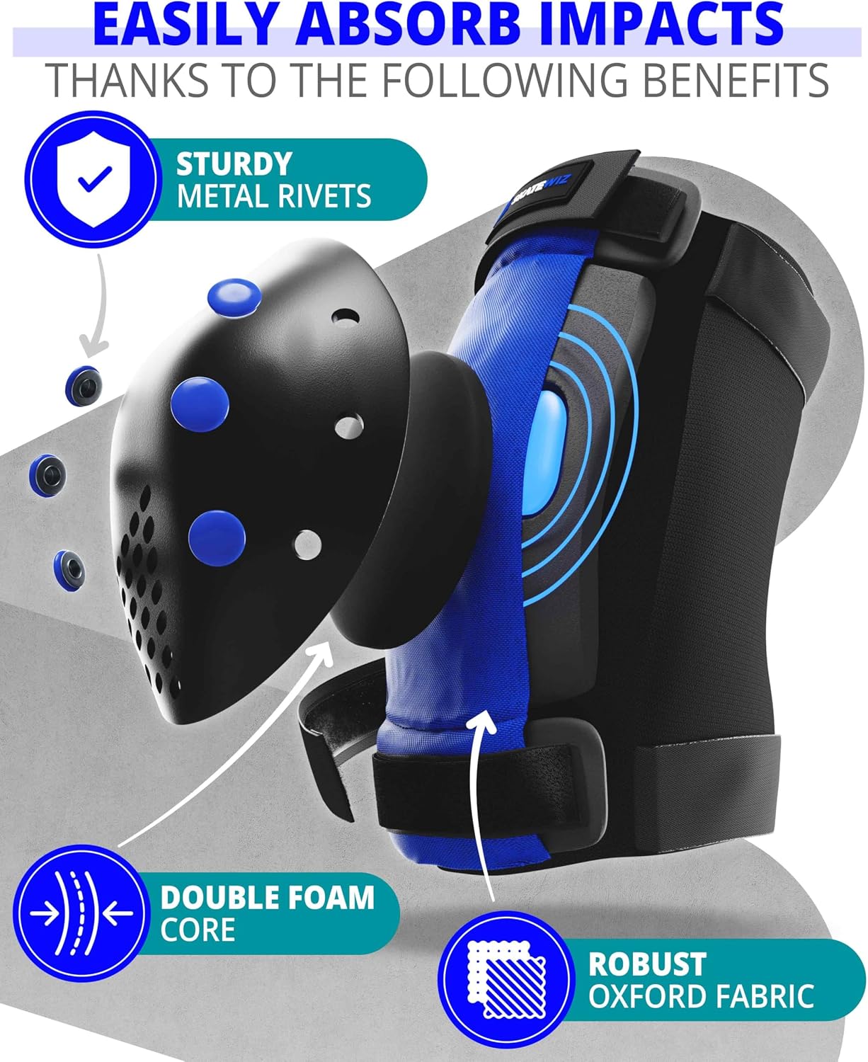 SKATEWIZ Skateboard Pads Protective Gear Set for Kids and Adults - Smash - Roller Skate Pads [6pc] with Wrist Guards - Skating Protective Gear - Roller Derby