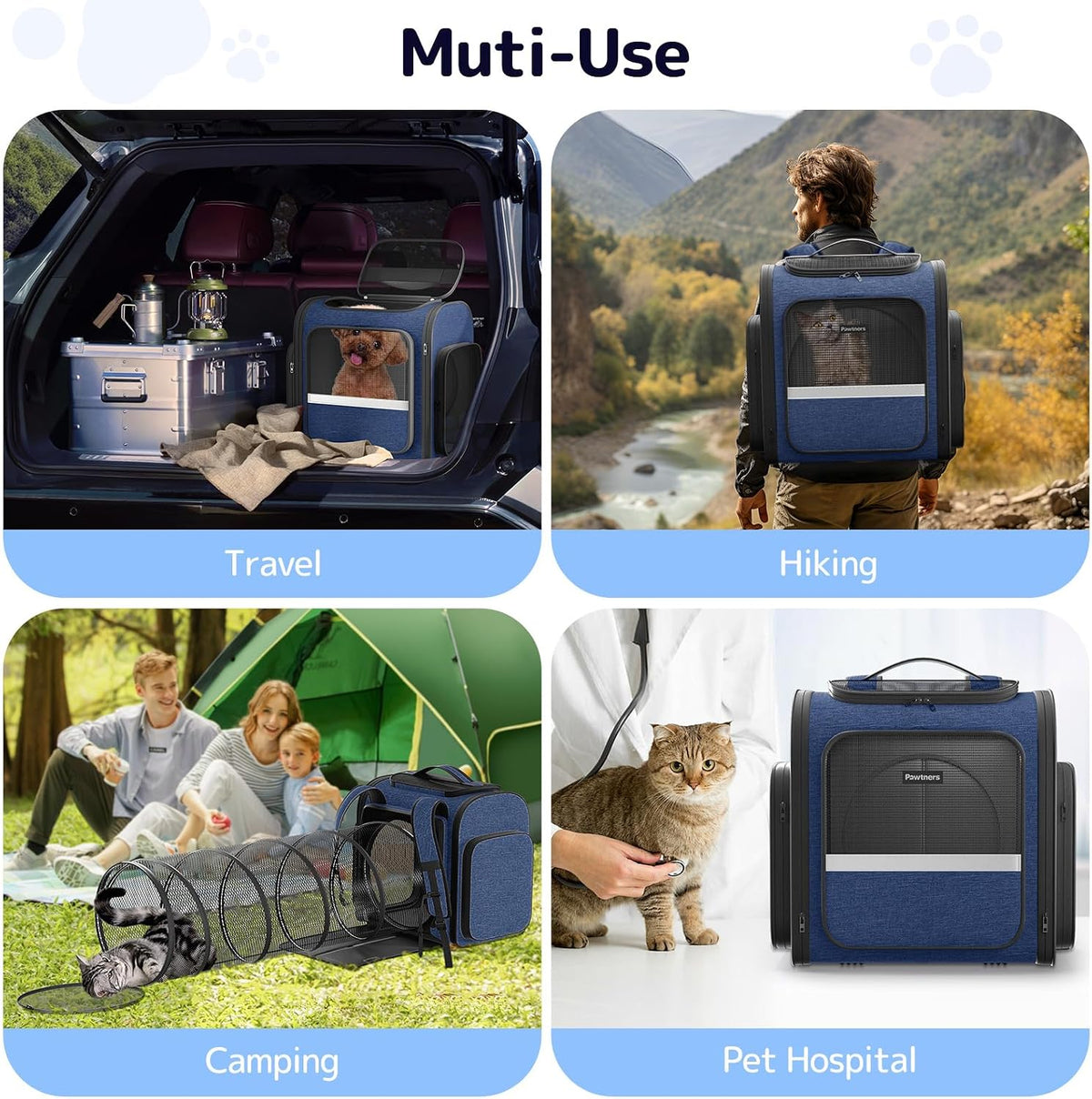 Pawtners Cat Backpack with Play Tunnel, Design for Carrying Playing Blue