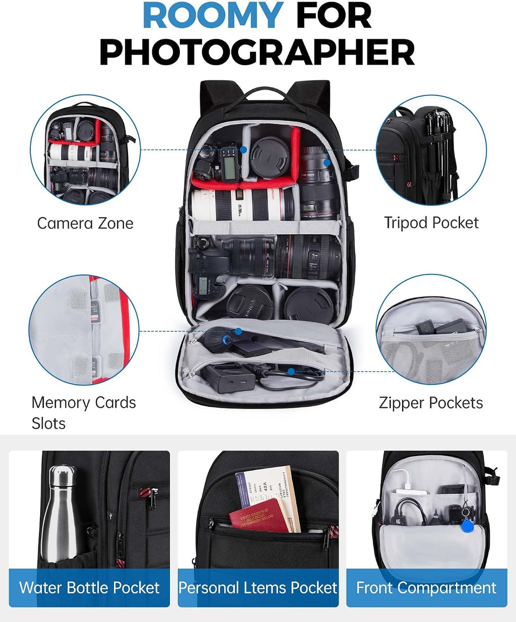 BAGSMART Camera Bag for DSLR, Waterproof Camera Backpacks for Photographers, Camera Case with Laptop Compartment-15.6" Black