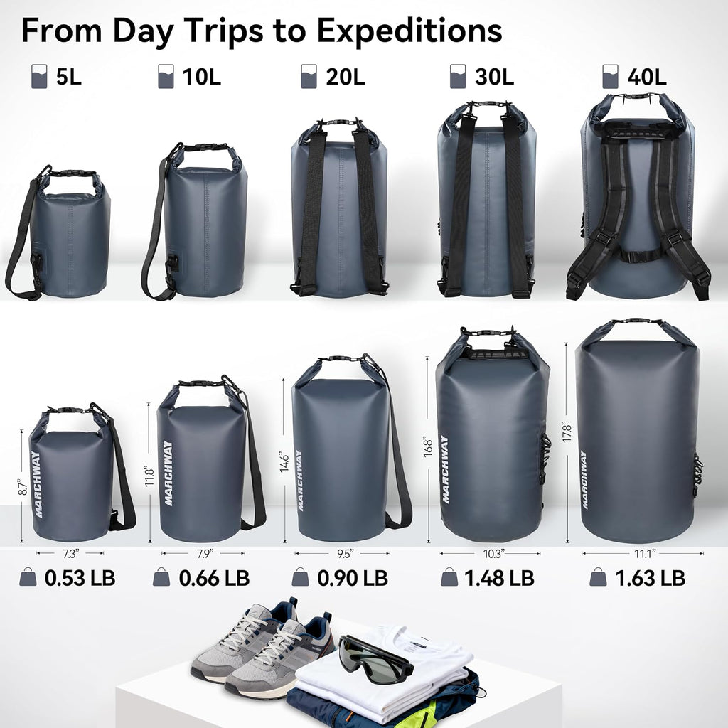 MARCHWAY Floating Waterproof Dry Bag Backpack 5L/10L/20L/30L/40L, Roll Top Sack Keeps Gear Dry for Kayaking, Rafting, Boating, Swimming, Camping, Hiking, Beach, Fishing