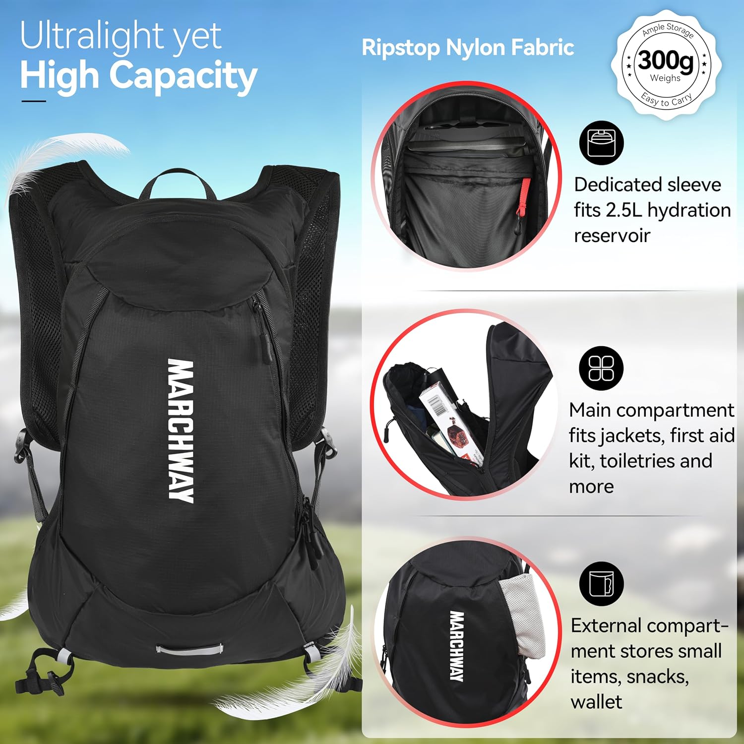 MARCHWAY Ultralight Hydration Backpack with 3L TPU Water Bladder, Sleek High-Capacity Day Pack for Cycling, Hiking, Running, Backpacking, Travel