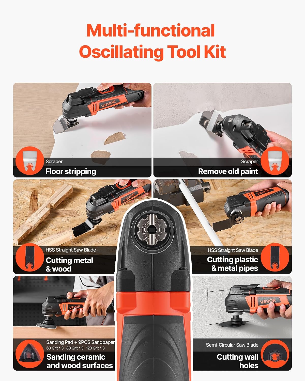 VEVOR Oscillating Tool Multitool, 4Amps Electric Oscillating Multi Tool Corded with 6 Variable Speeds 7000-19000 OPM, 3.2° Oscillating Angle, 13PCS Saw Accessories, LED Work Light & Tool Bag