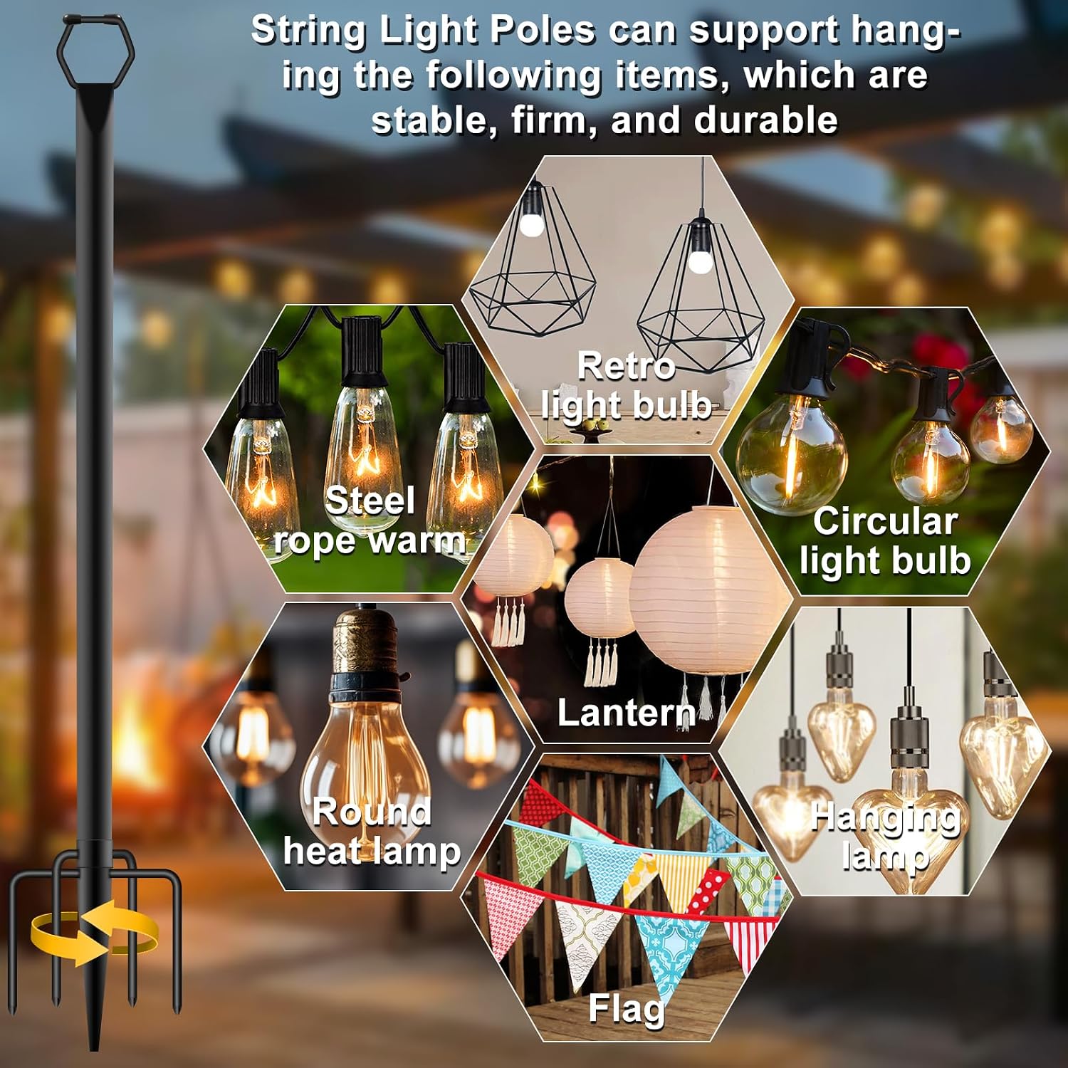4 Pack String Light Poles for Outside, 10Ft Light Poles for Outdoor String Lights, Adjustable Outdoor String Light Poles with Fork,Metal Fence Post for Patio,Backyard,Deck