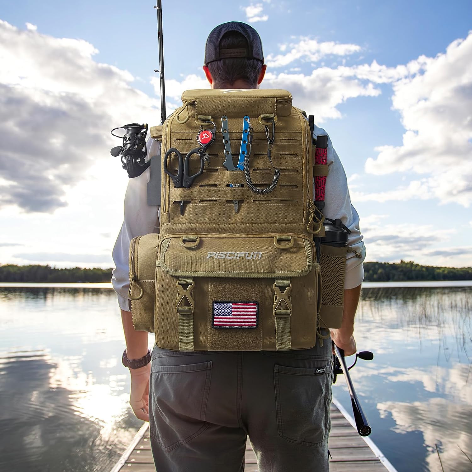 Piscifun 52L Fishing Tackle Backpack, 17 Pockets, Rod Holders & 4 Boxes