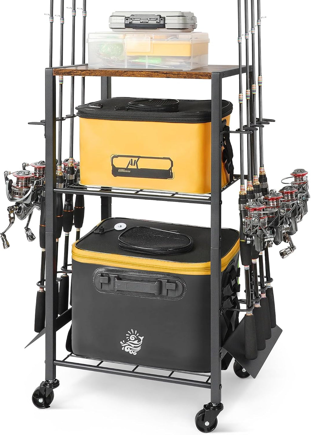 Olakee Fishing Rod Holders, Rolling Fishing Rod Rack for Garage & Boat, Tackle Box & Reel Holder Cart, Easy Assembly Fishing Gear Management System, Ideal Birthday Gift for Men Dad Anglers