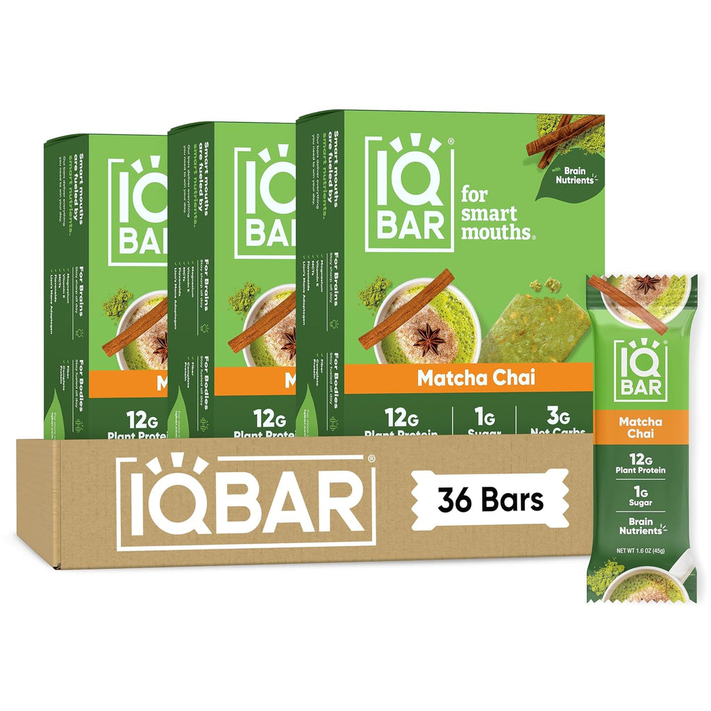 IQBAR Clean Protein Bars, Low Sugar Keto, Matcha Chai 36-Count