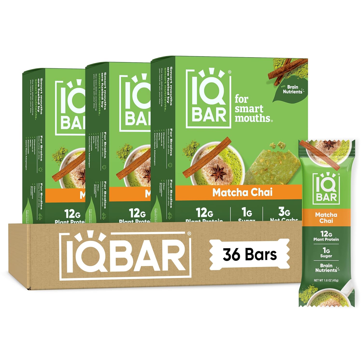 IQBAR Clean Protein Bars, Low Sugar Keto, Matcha Chai 36-Count