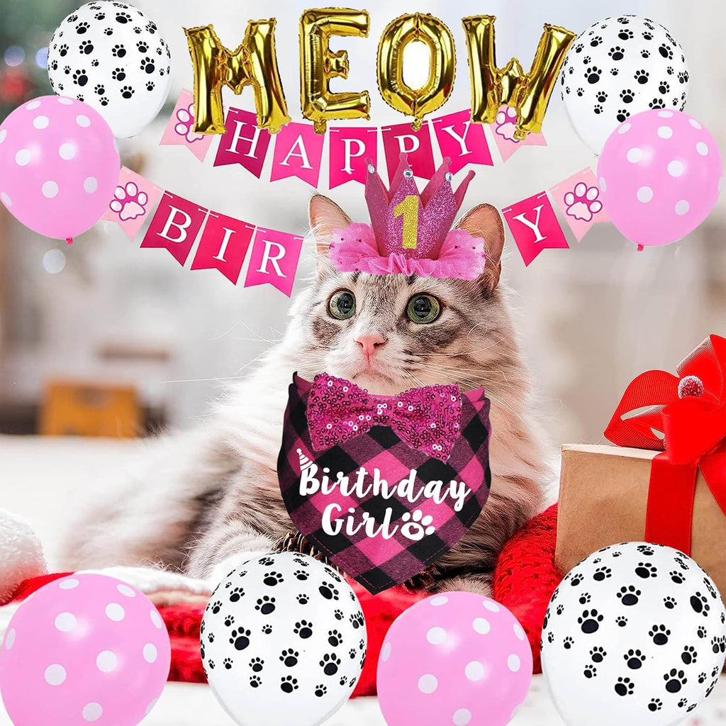 Cat Birthday Party Supplies, Cat Birthday Hat Crown with Number Bandana Bow Tie Banner Balloons Meow Balloons for Cats Kittens Decorations