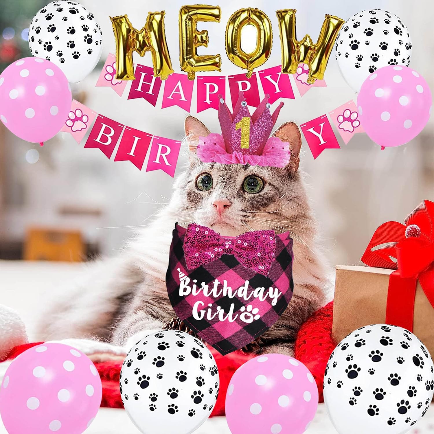 Cat Birthday Party Supplies, Cat Birthday Hat Crown with Number Bandana Bow Tie Banner Balloons Meow Balloons for Cats Kittens Decorations