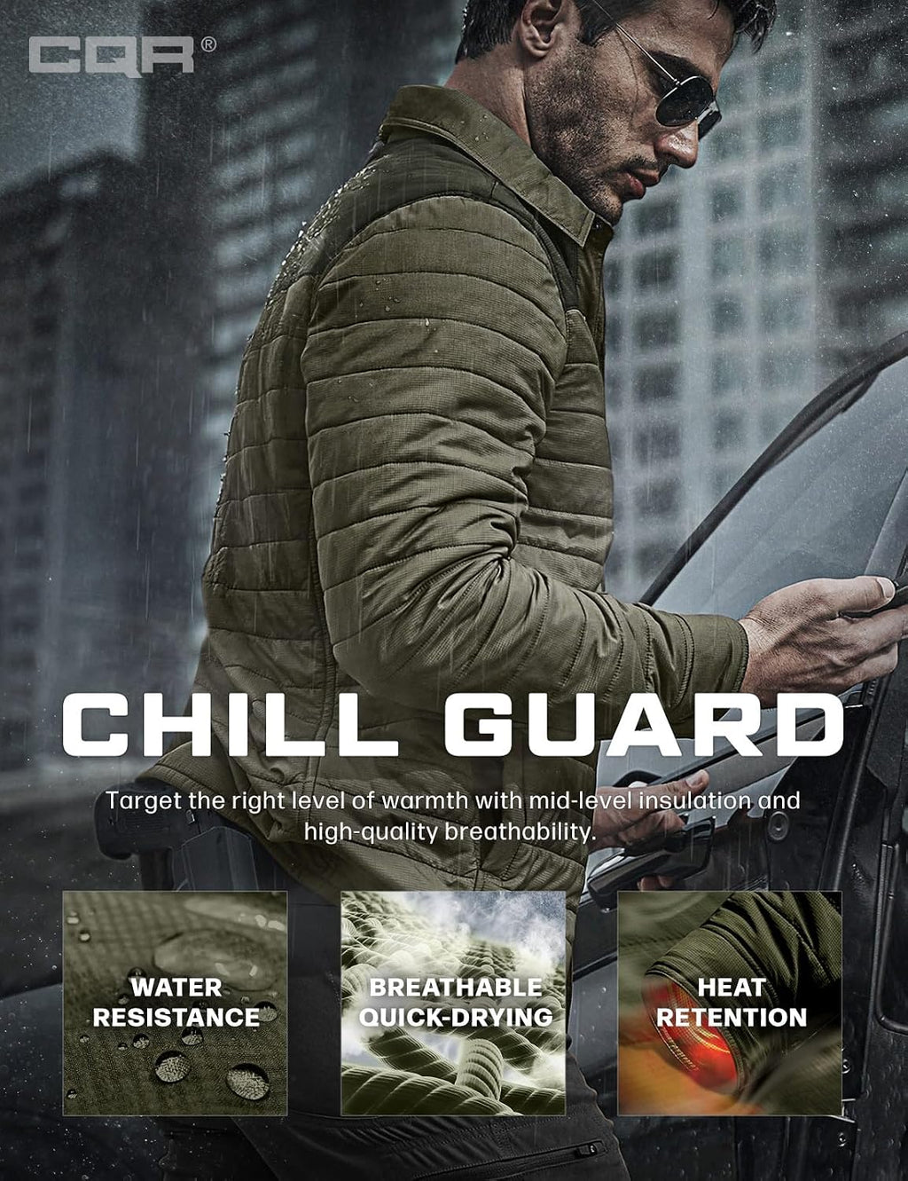 CQR Men's Lightweight Warm Insulated Jacket, Windproof Water Resistant Winter Active Coat for Hiking Work Outdoor Tactical