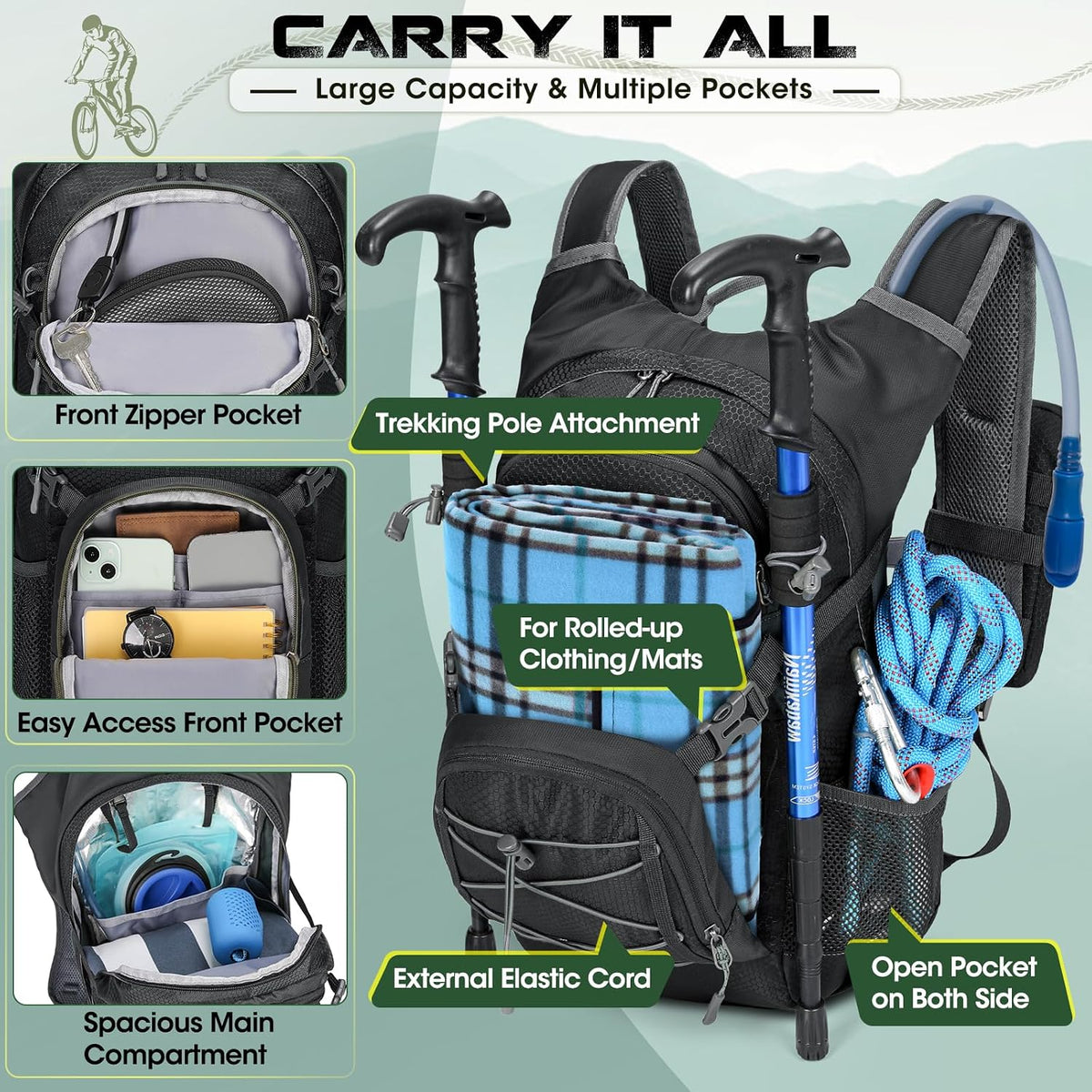Hydration Backpack with Water Bladder, 18L Lightweight Hiking Backpack for Women&Men Small Insulated Hydration Water Pack for Hiking, Running, Cycling, Biking