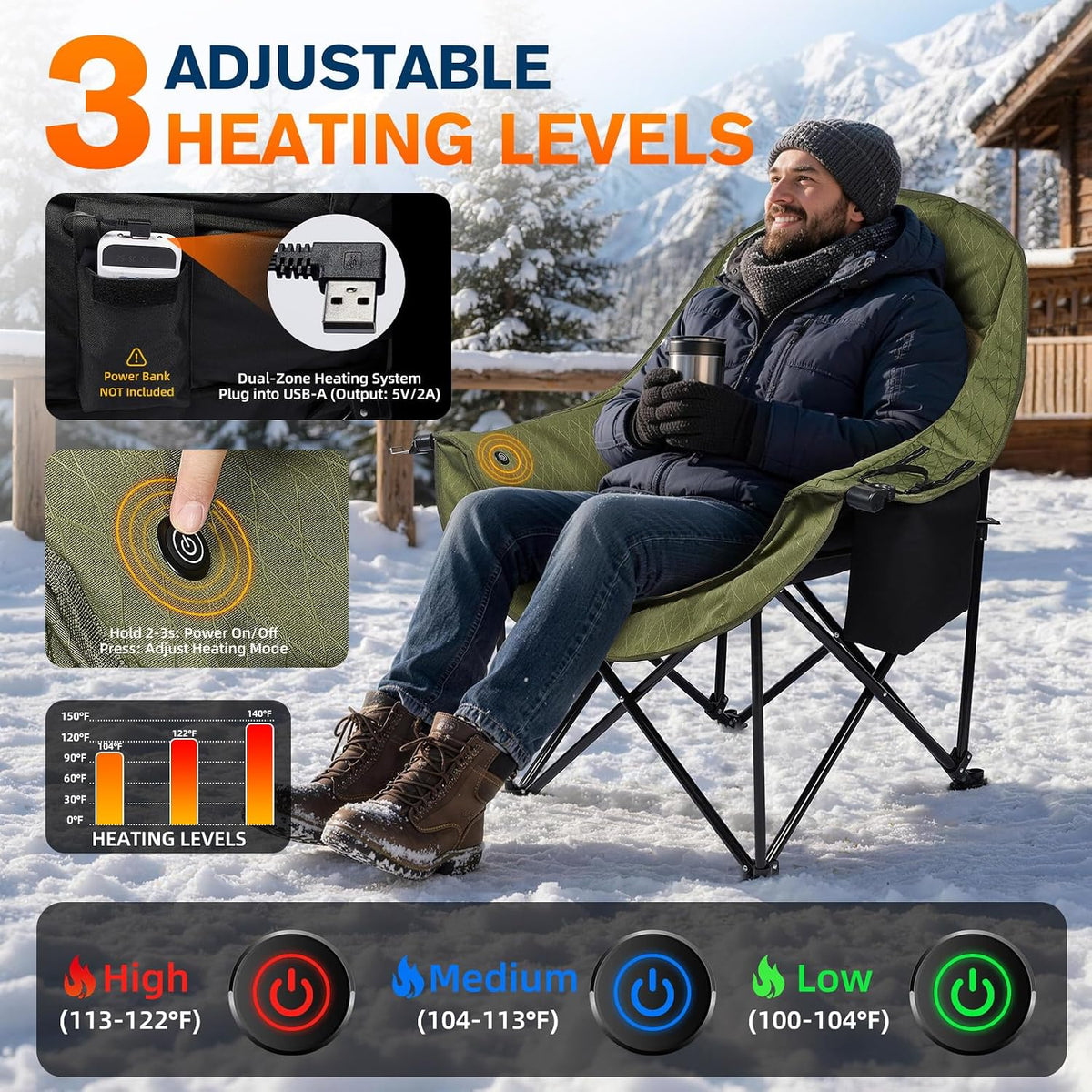 Heated Oversized Camping Chair, Heavy Duty Padded, Thick Headrest, Green